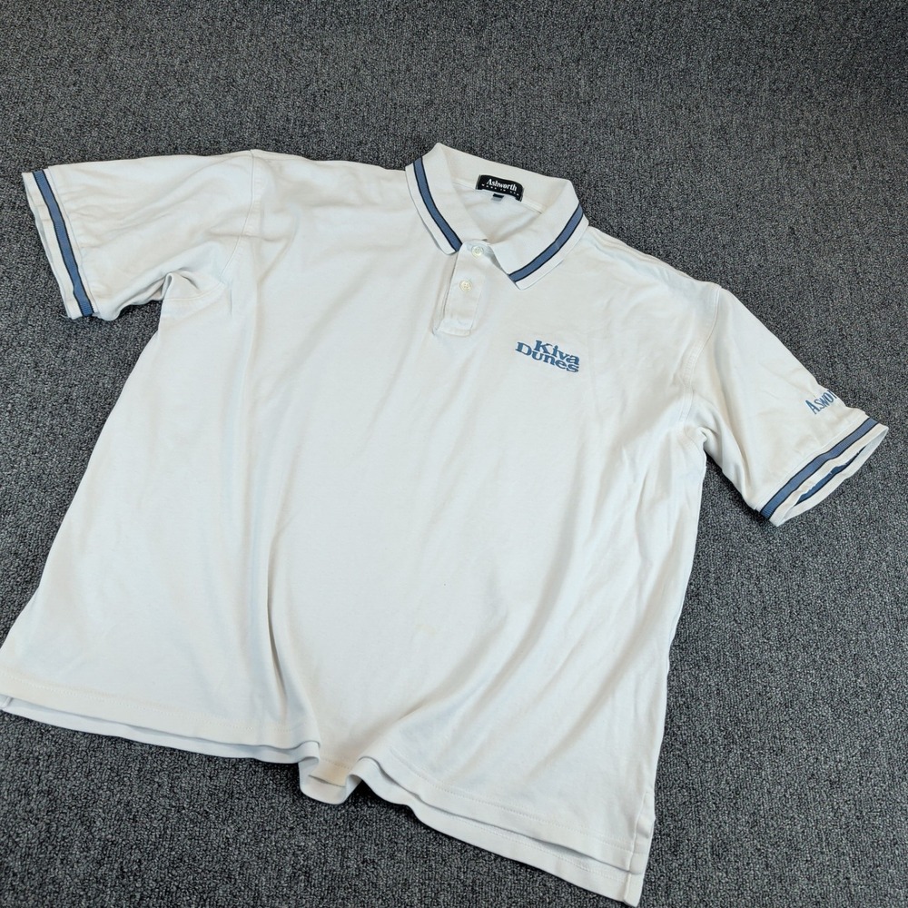 Ashworth Mens Polo Shirt L Cotton White Blue Kiva Dunes Golf Vintage Made in USA — photo 2